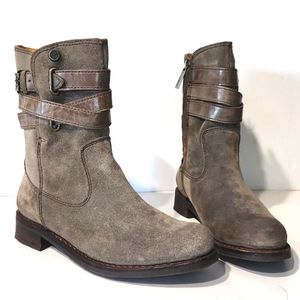 Bussola Taupe Leather Mid Calf Biker Buckle Zip Boots Size EU 37, US 6.5 EUC!